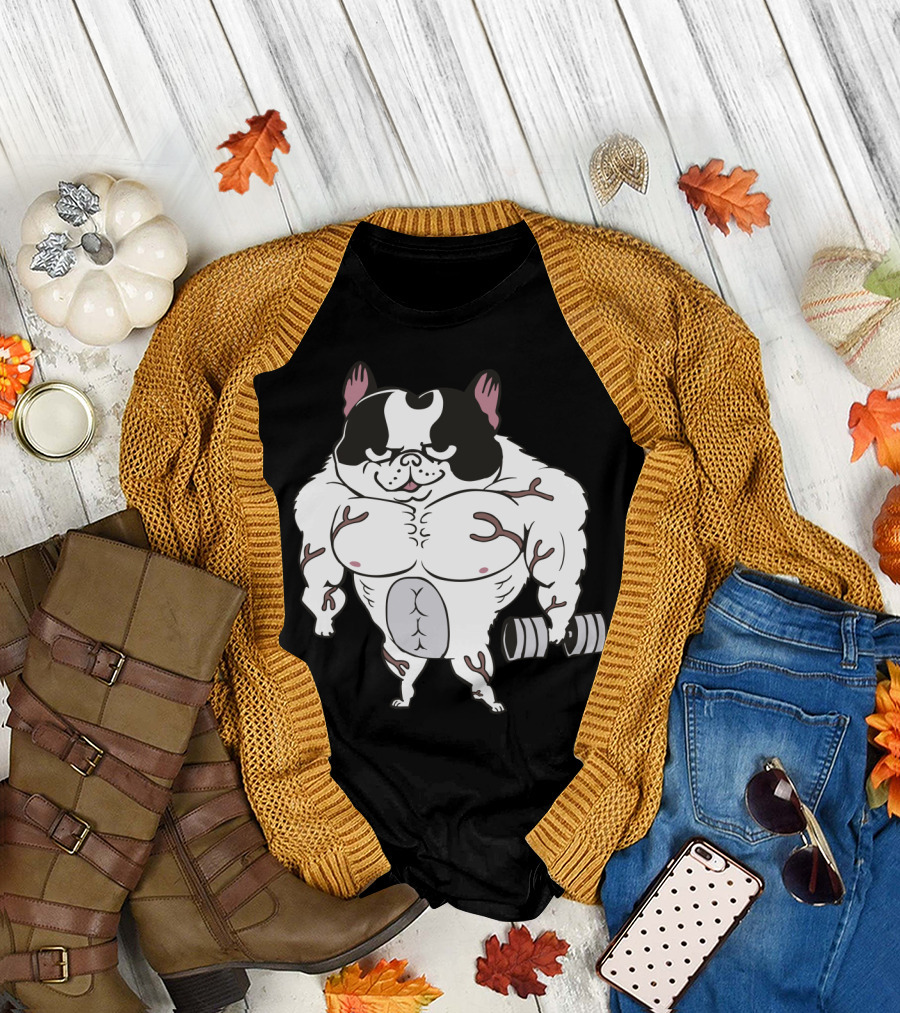 Buff Frenchie Lifting Dumbbell with Muscular Body and Cartoon T-Shirt