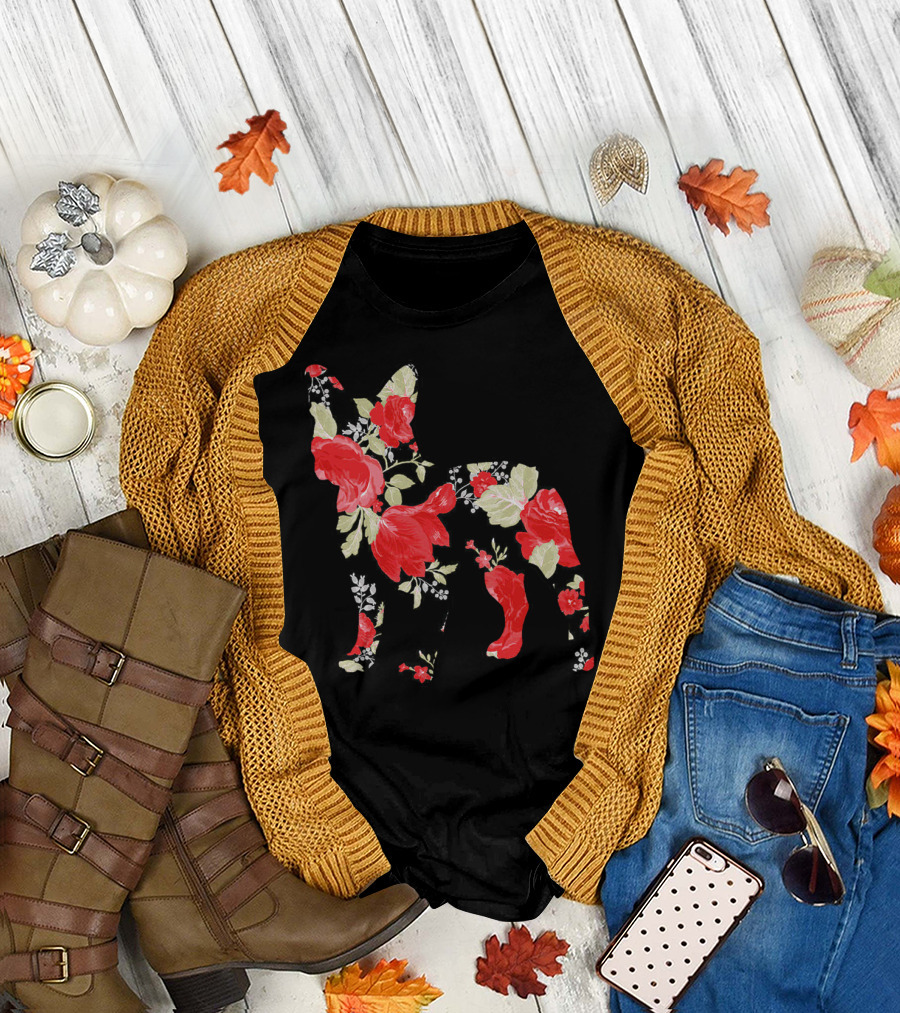 French Bulldog Silhouette Floral Pattern Red Roses T-Shirt