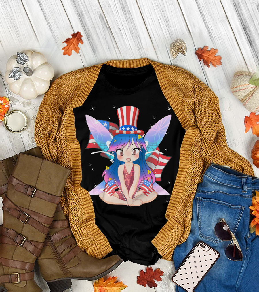 Patriot Fairy with Stars and Stripes Hat and Wings Celebrating American Independence Day July T-Shirt