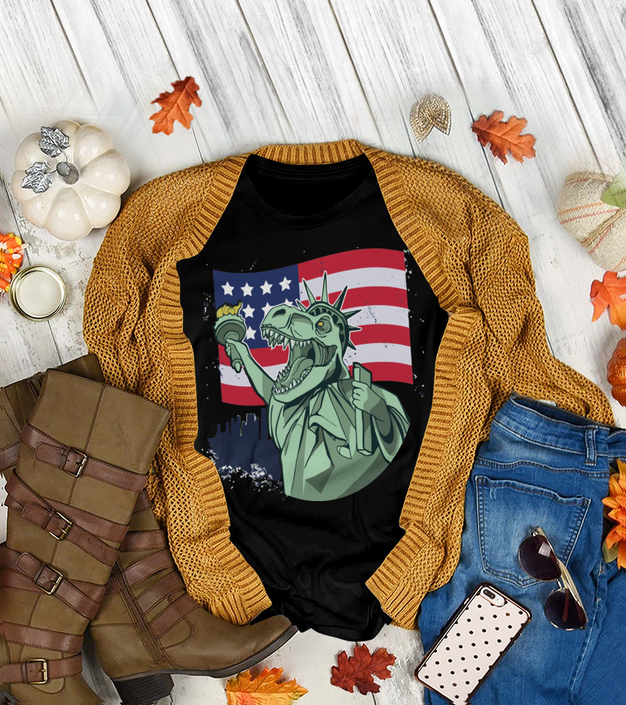 4th of July USA Flag Dinosaur Liberty Torch T-Shirt