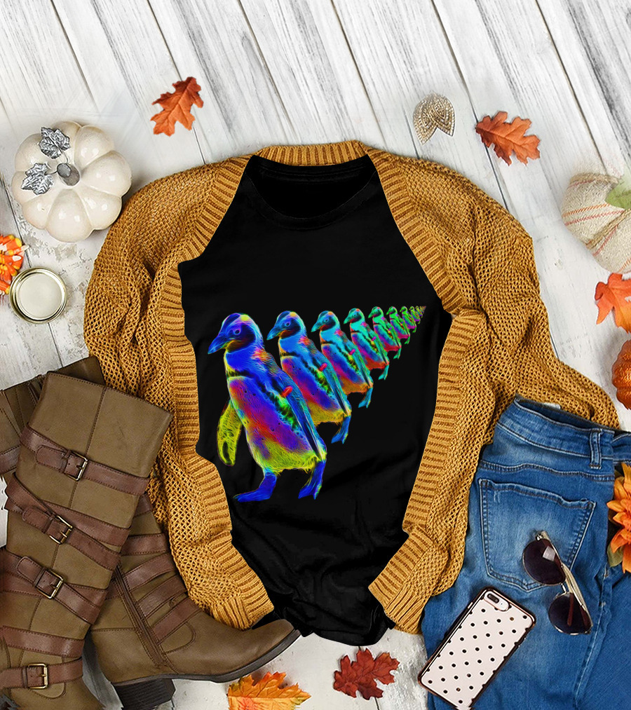 Psychedelic March of the Penguins Neon Parade T-Shirt