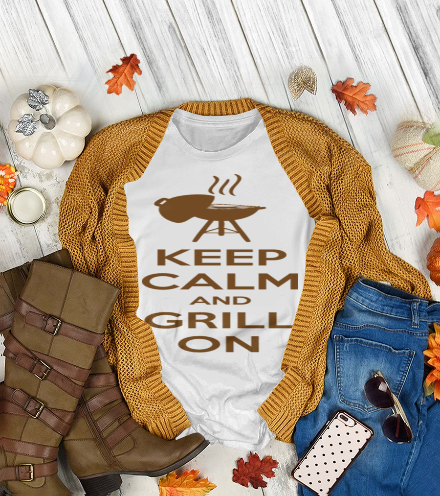 Keep Calm and Grill On BBQ Barbecue Smoker Graphic Message T-Shirt