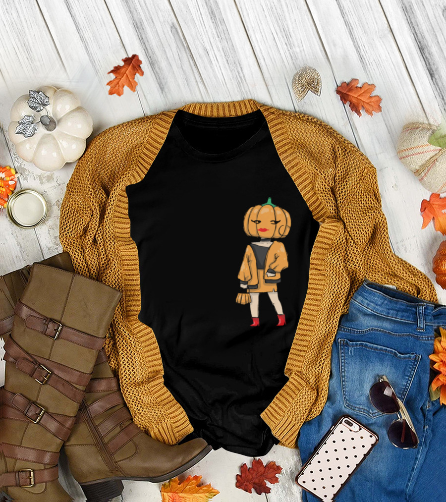 Trendy Pumpkin Head Character in Stylish Outfit with Red Boots and Handbag T-Shirt