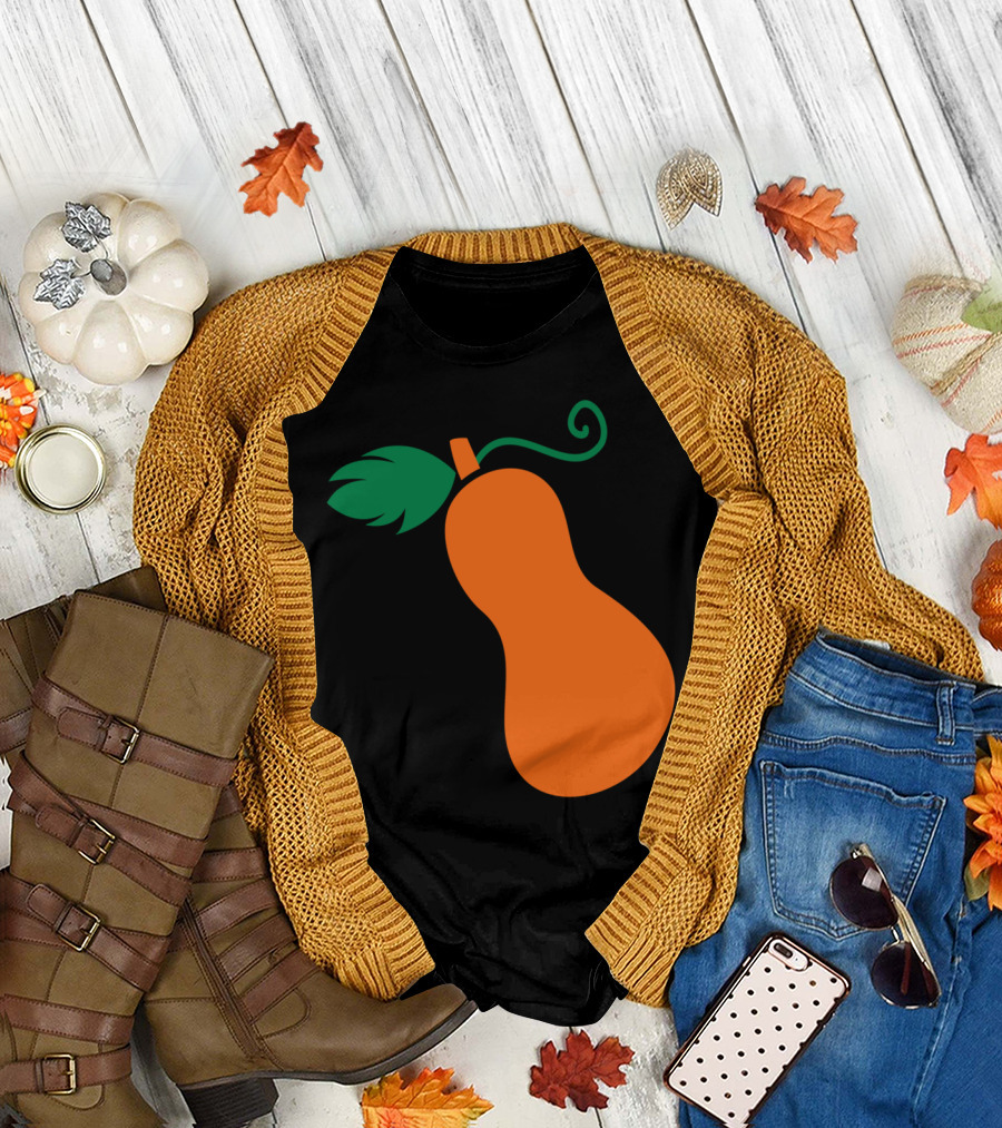 Butternut Pumpkin Silhouette with Green Leaf and Stem T-Shirt