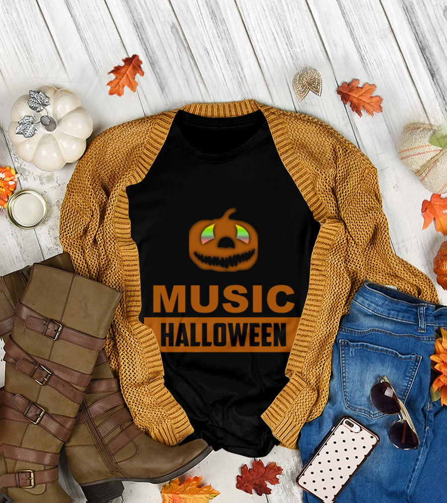 Music Halloween Pumpkin with Headphones T-Shirt