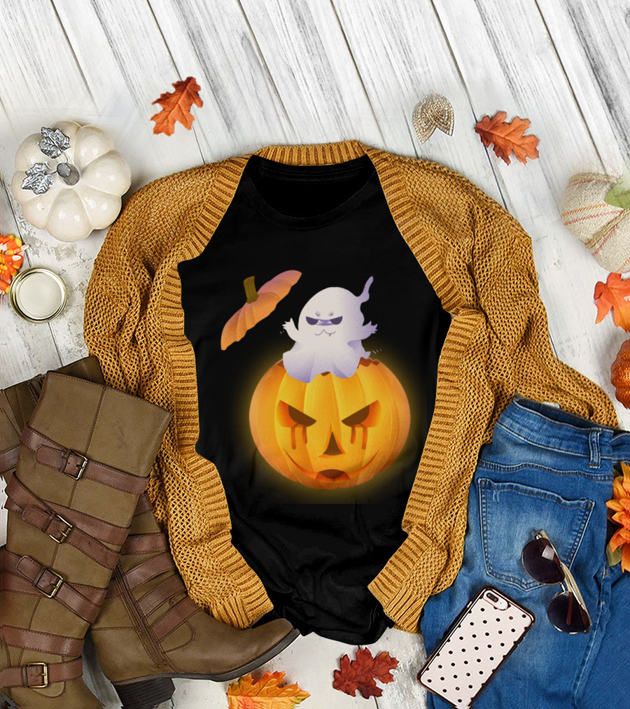 Ghost with Sunglasses Popping Out of Carved Pumpkin T-Shirt