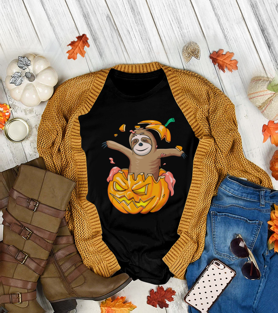Lazy Sloth Funny Zombie Pumpkin Halloween T-Shirt