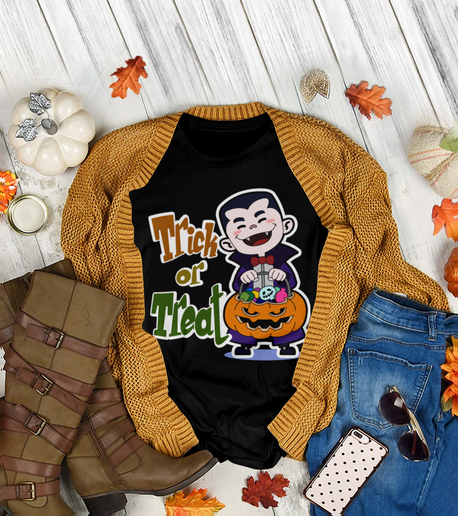 Trick or Treat Kids Pumpkin Vampire with Halloween Candy T-Shirt