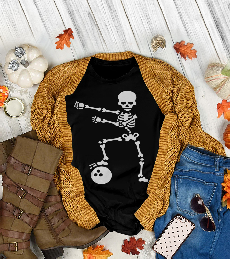 Bowling Ball Floss Dance Flossing Skeleton with Three-Pin Bowling Ball T-Shirt