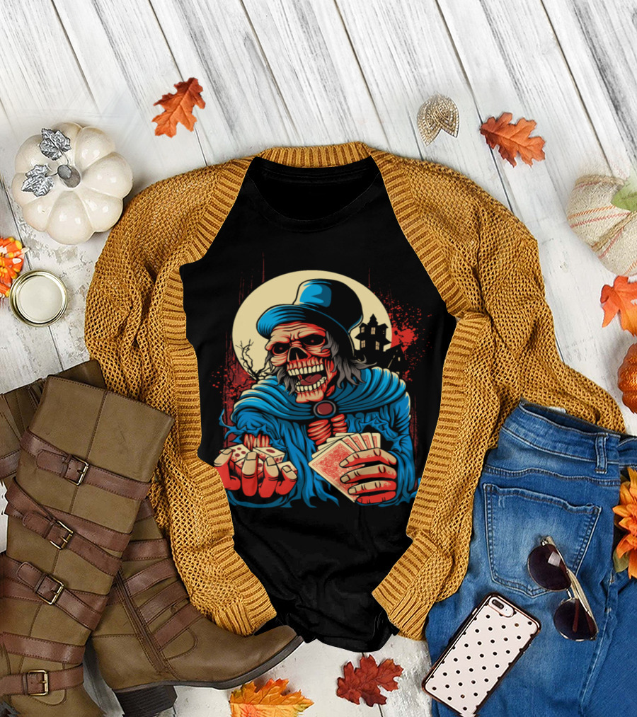 Zombie Skeleton Gambling Cards Game with Dice and Haunted House Vector T-Shirt