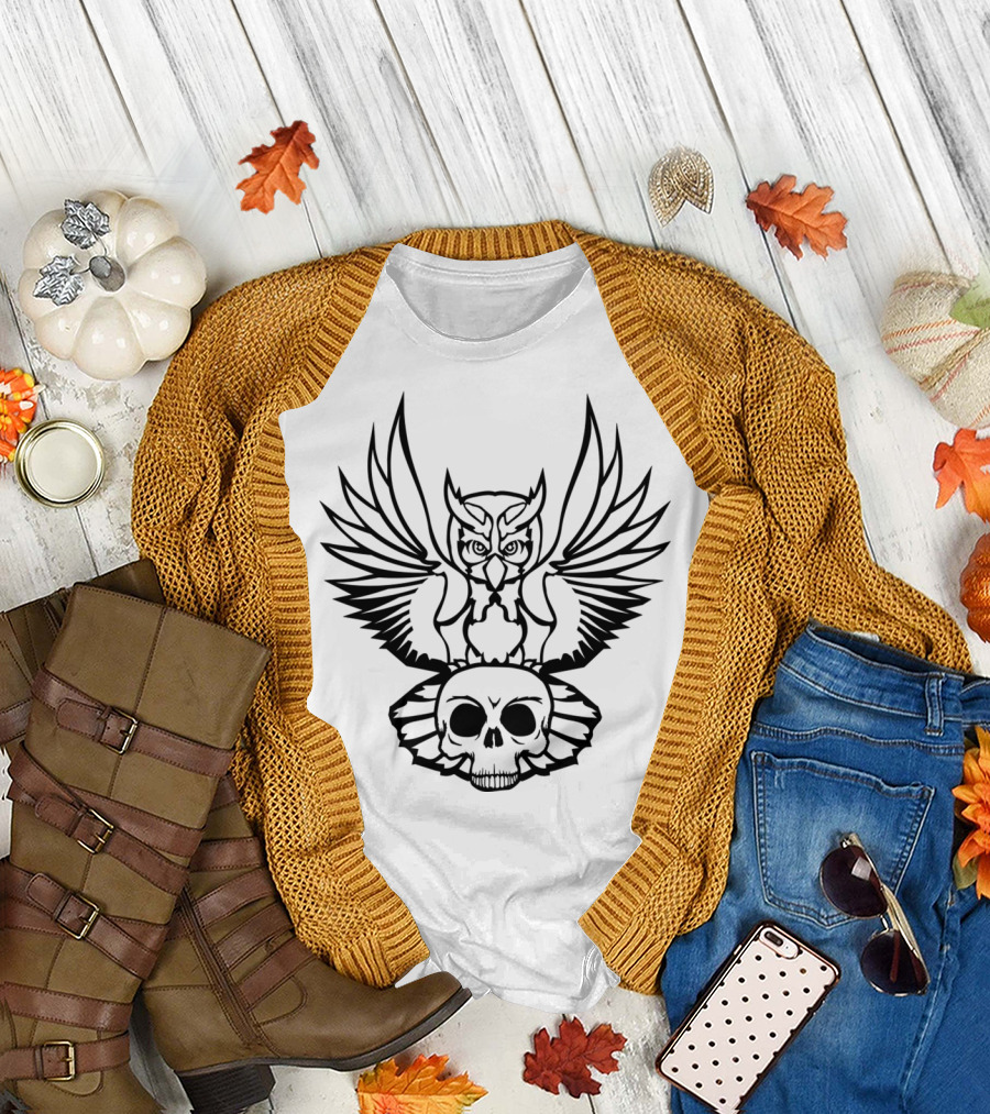 Horror Halloween Owl Skull Skeleton T-Shirt