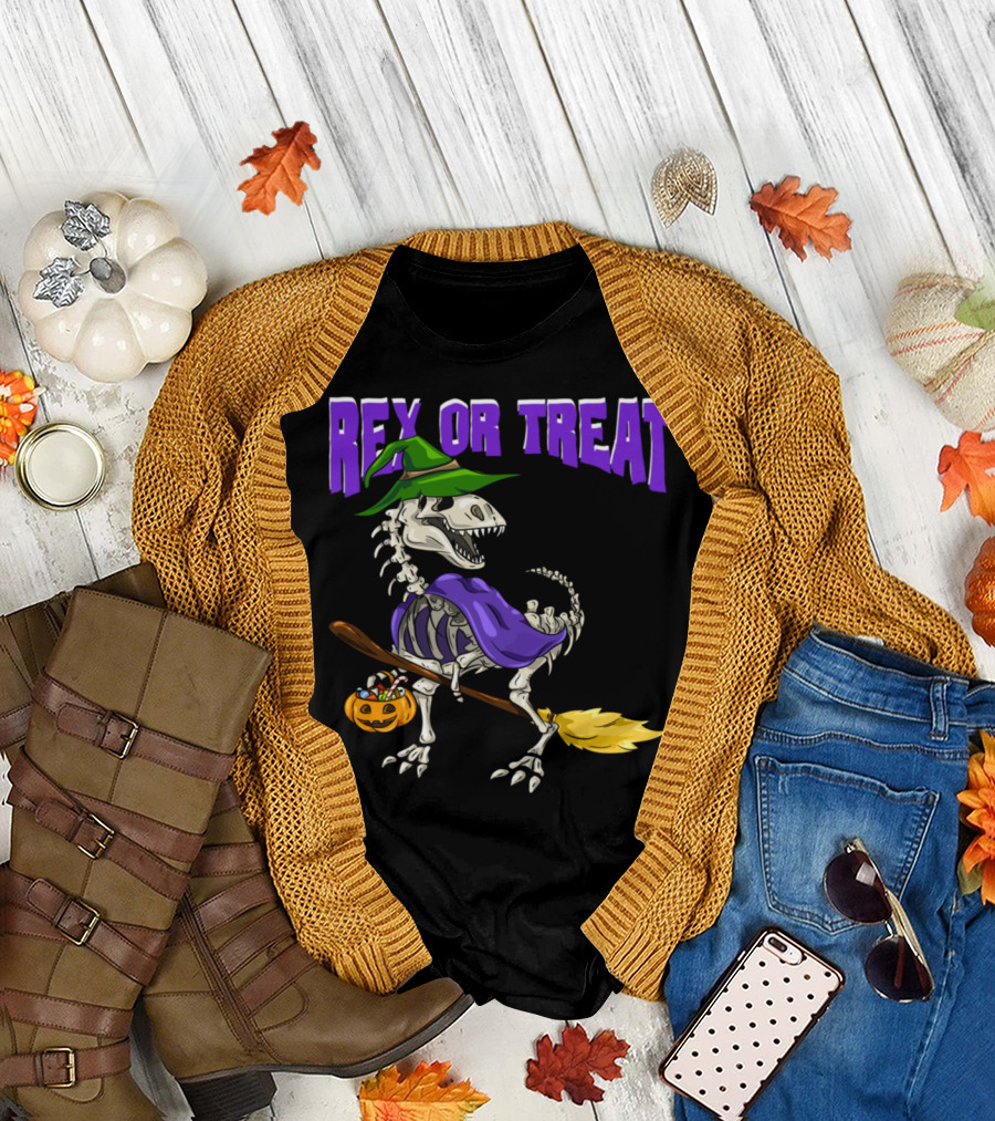 Rex Or Treat Halloween Skeleton Dinosaur Witch T-Shirt