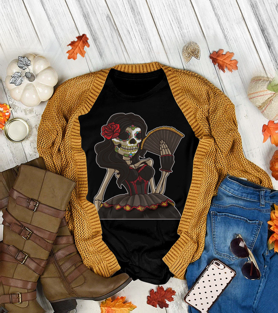 La Calavera Catrina Skeleton Lady of the Dead with Red Rose and Fan T-Shirt