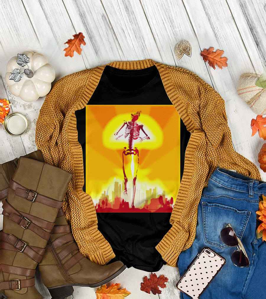 Horror of War Bomb Blast Skeleton Over City Explosion T-Shirt