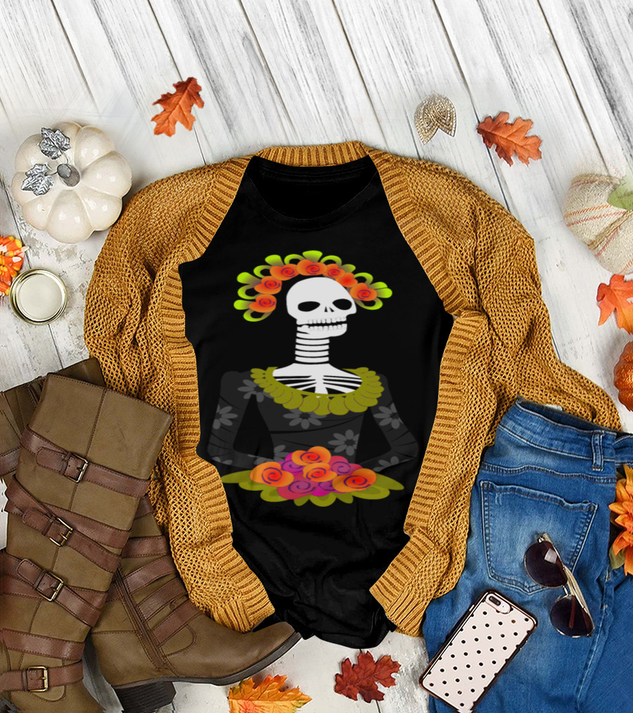 Calavera Floral Skeleton with Colorful Rose Crown and Bouquet T-Shirt