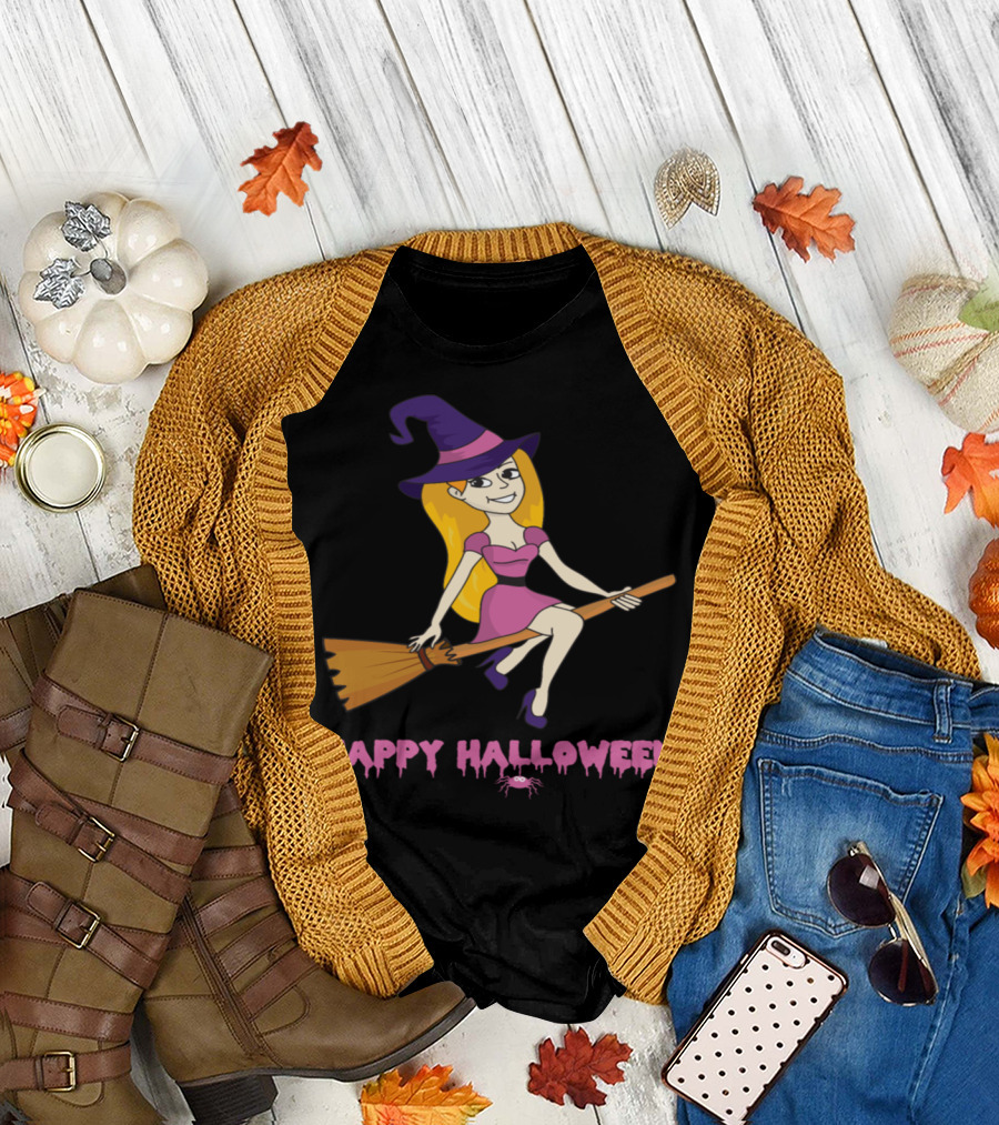 Happy Halloween Witch Riding Broomstick Cartoon T-Shirt