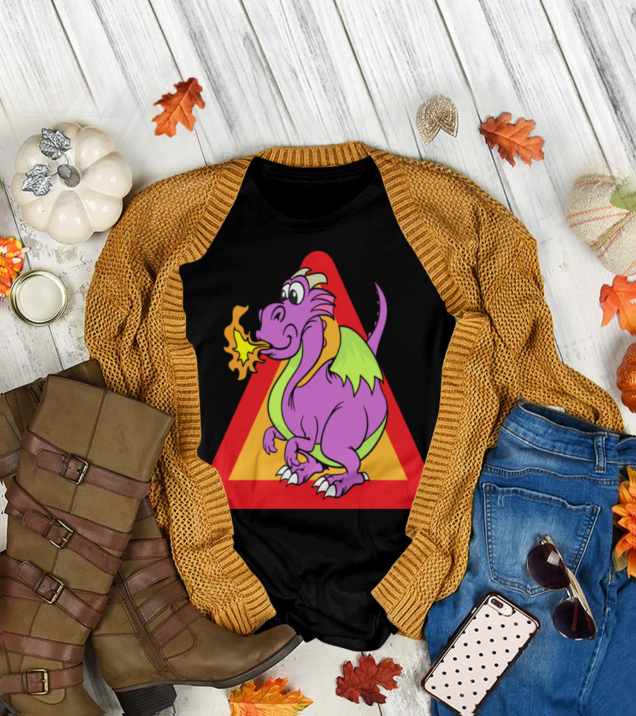 Funny Dragon Breathing Fire in Colorful Triangle T-Shirt