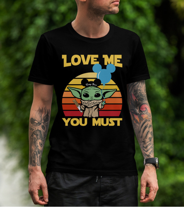 LOVE ME YOU MUST BABY YODA MICKEY EARS BALLOON VINTAGE STRIPES T-Shirt