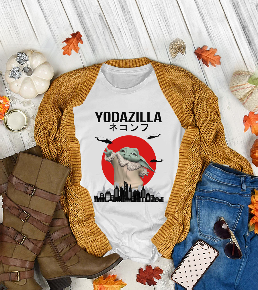 Yodazilla Helicopters City Skyline Red Sun T-Shirt