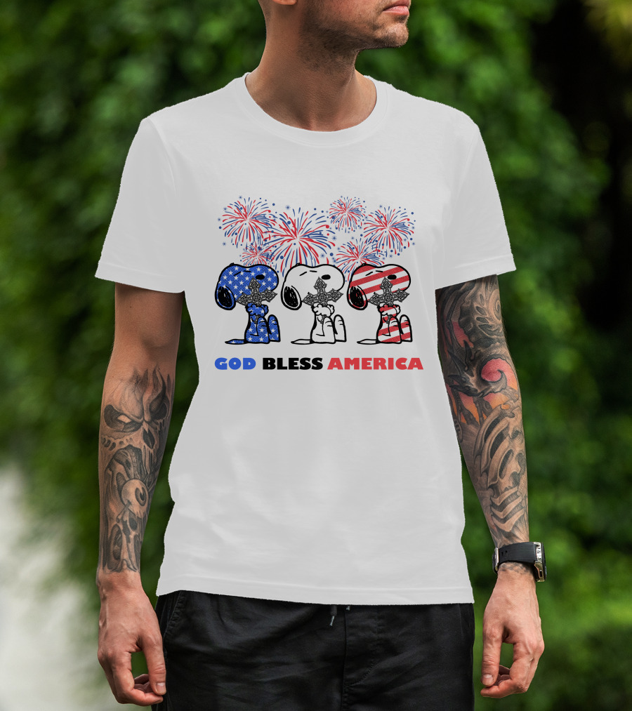 God Bless America Snoopy Cross Fireworks Fourth Of July T-Shirt