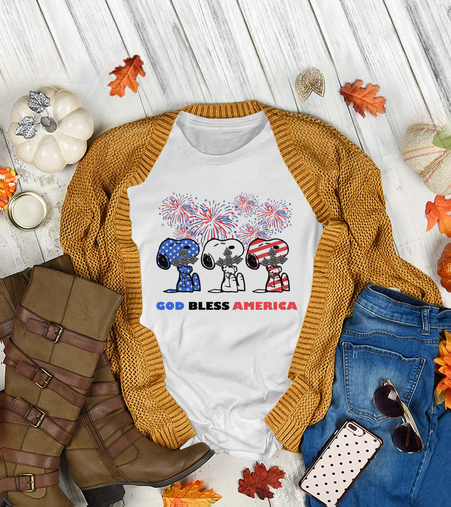 God Bless America Snoopy Cross Fireworks Fourth of July T-Shirt
