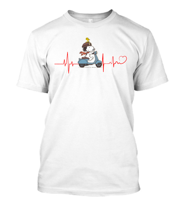 Snoopy And Woodstock Riding Scooter Heartbeat Line T-Shirt
