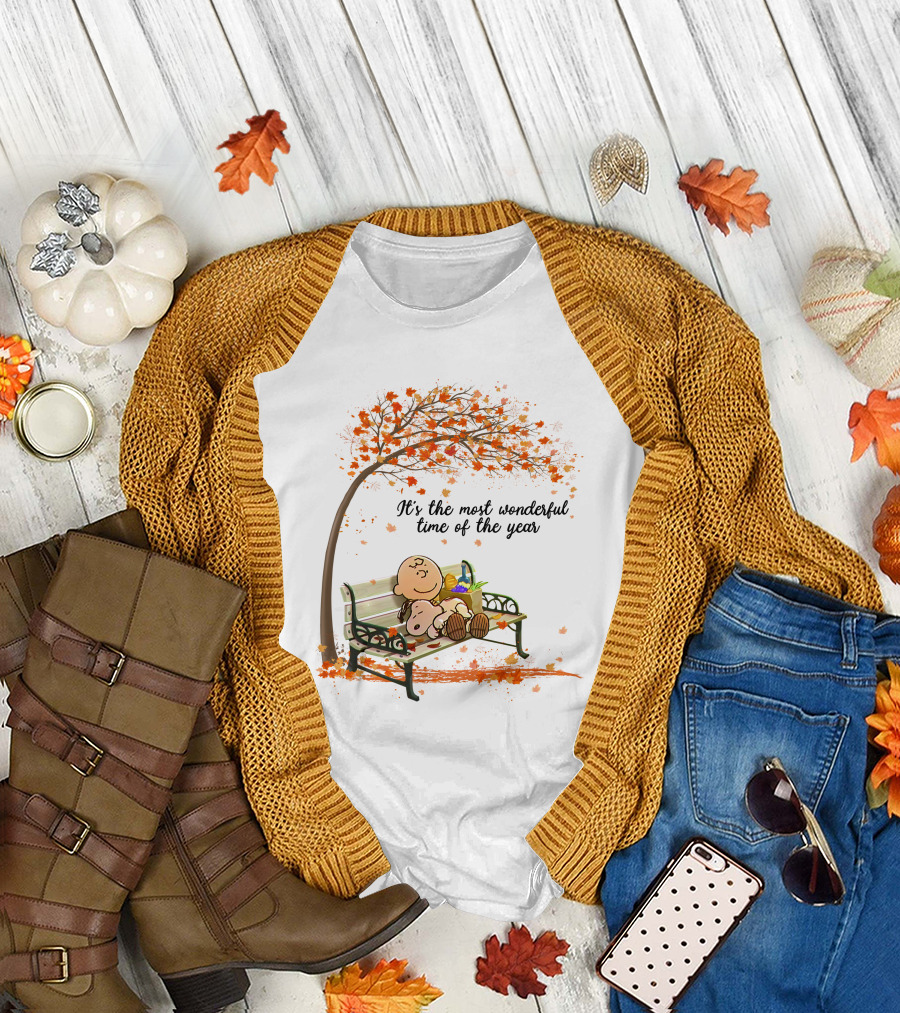 It's the Most Wonderful Time of the Year with Charlie Brown and Snoopy Under Autumn Tree T-Shirt