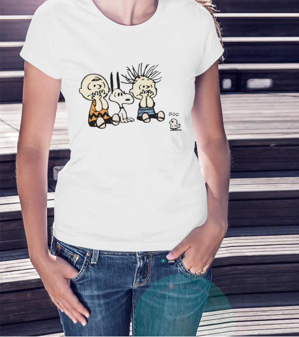 Peanuts Characters With Snoopy And Bird Saying Boo T-Shirt