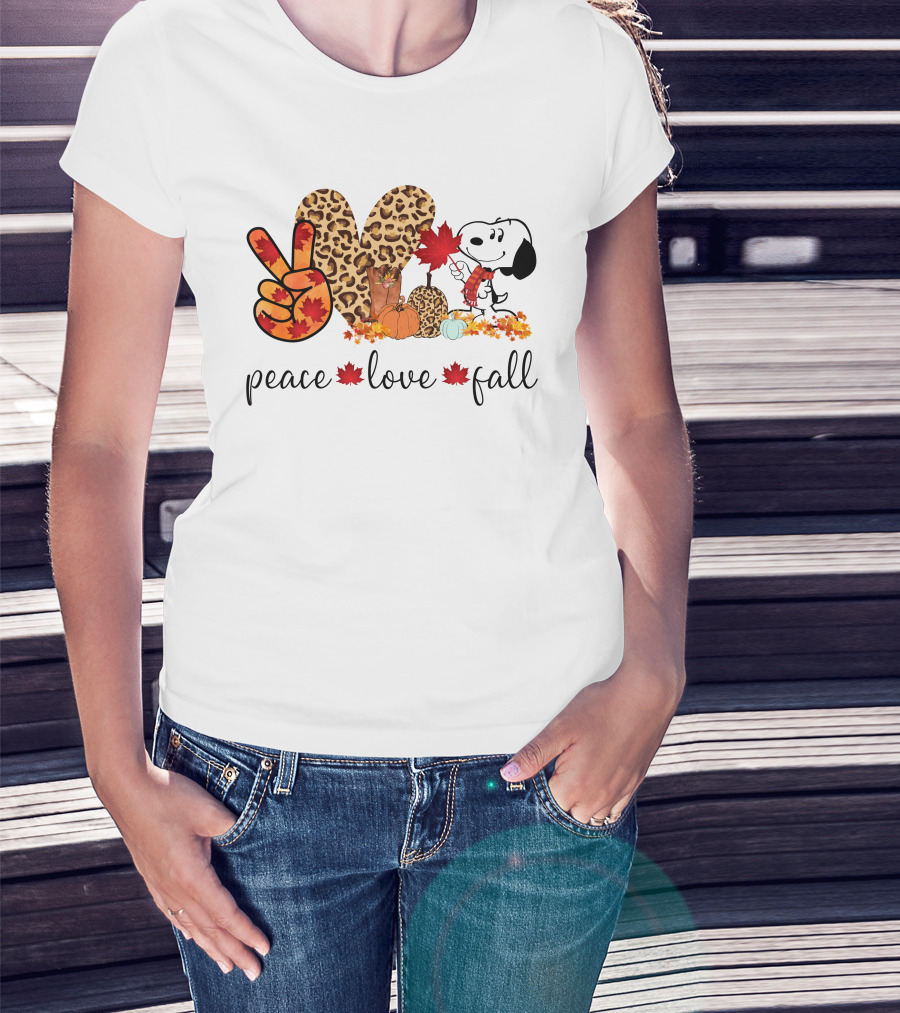 Peace Love Fall Snoopy Leopard Print Pumpkin Leaves T-Shirt