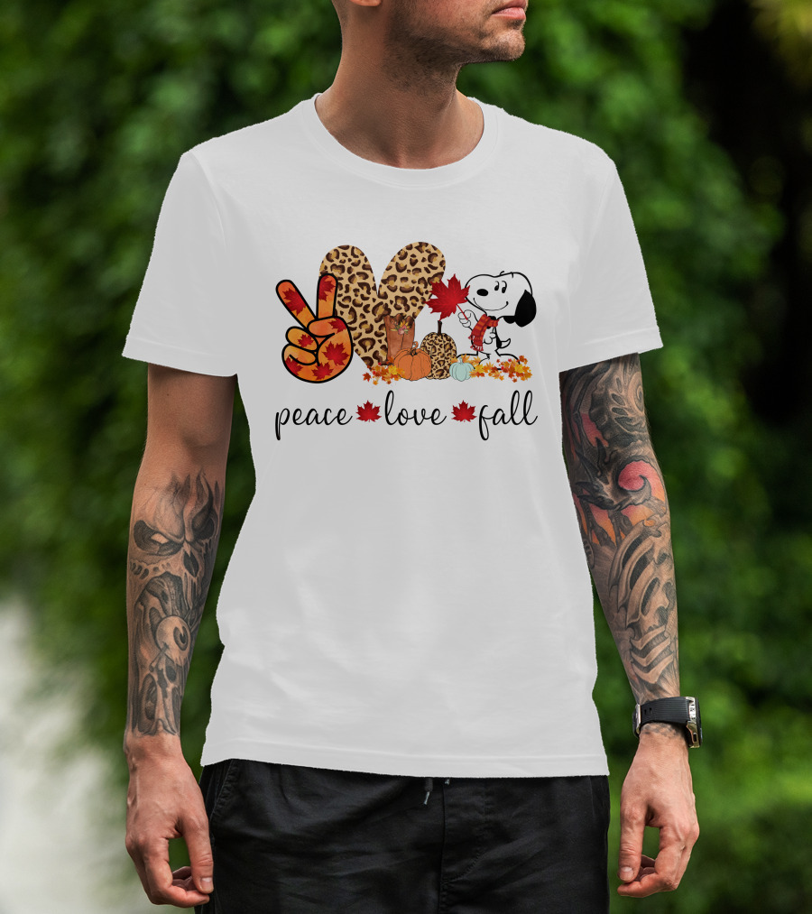 Peace Love Fall Snoopy Leopard Print Pumpkin Leaves T-Shirt