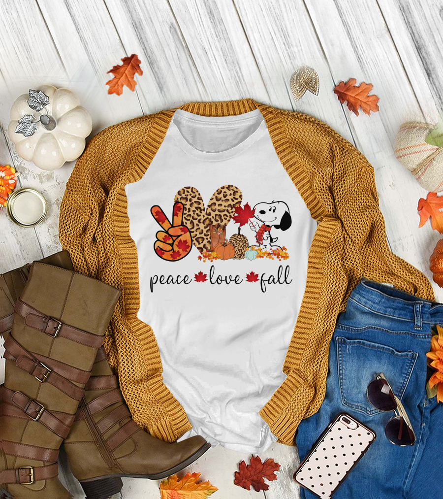 Peace Love Fall Snoopy Leopard Print Pumpkin Leaves T-Shirt