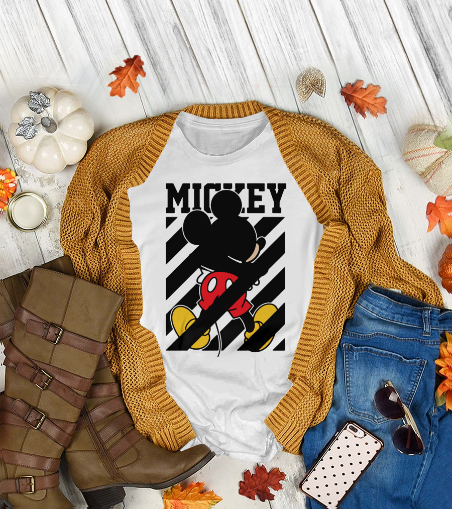 Mickey Mouse Black and White Stripes Red Yellow T-Shirt