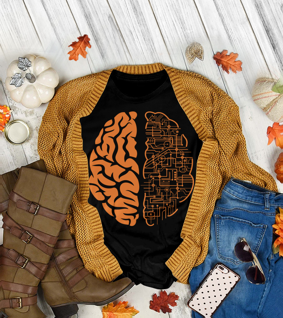 Orange Brain Circuitry Half and Brain T-Shirt
