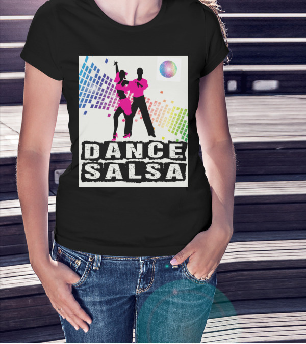 Dance Salsa Colorful Silhouette With Rainbow Geometric Background T-Shirt