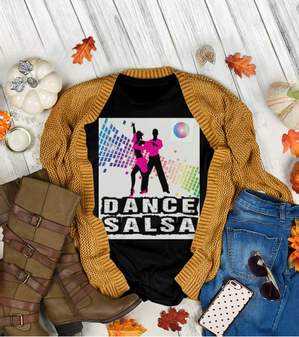 Dance Salsa Colorful Silhouette With Rainbow Geometric Background T-Shirt
