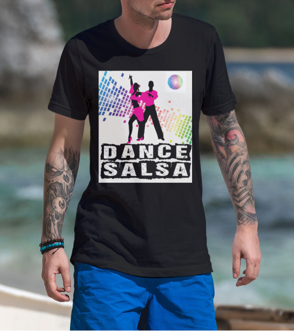 Dance Salsa Colorful Silhouette With Rainbow Geometric Background T-Shirt