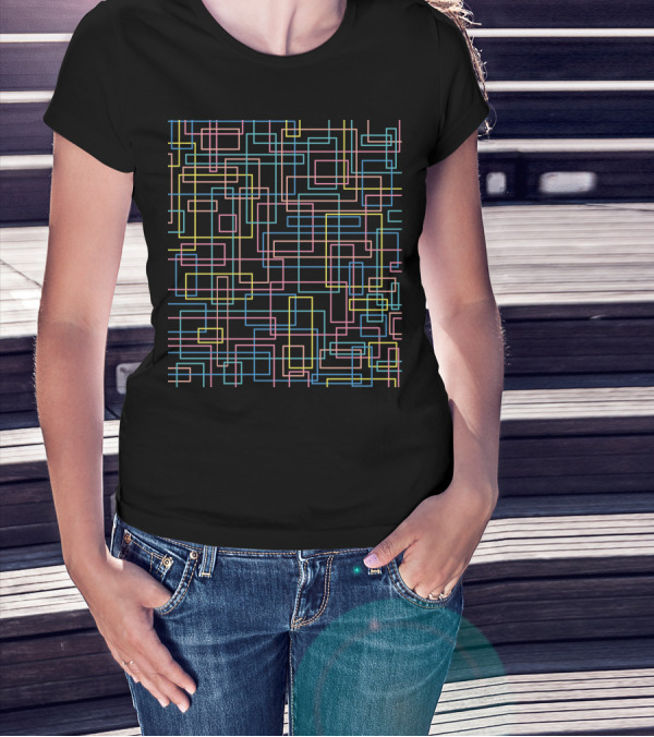 Geometric Pipe Dance Pattern With Multicolor Lines And Abstract Maze T-Shirt