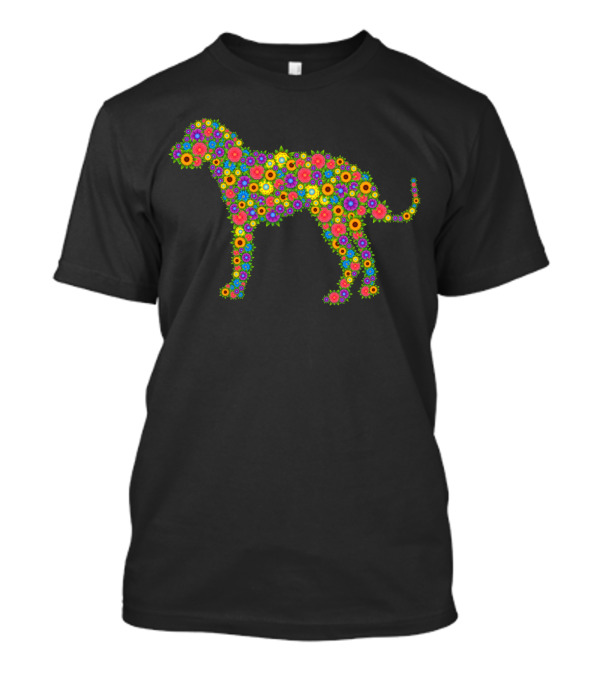 Great Dane Silhouette Composed Of Vibrant Multicolored Flowers T-Shirt