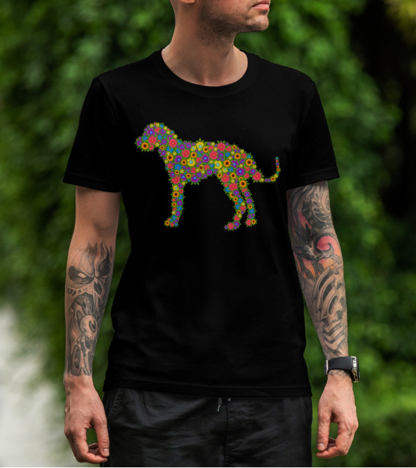 Great Dane Silhouette Composed Of Vibrant Multicolored Flowers T-Shirt