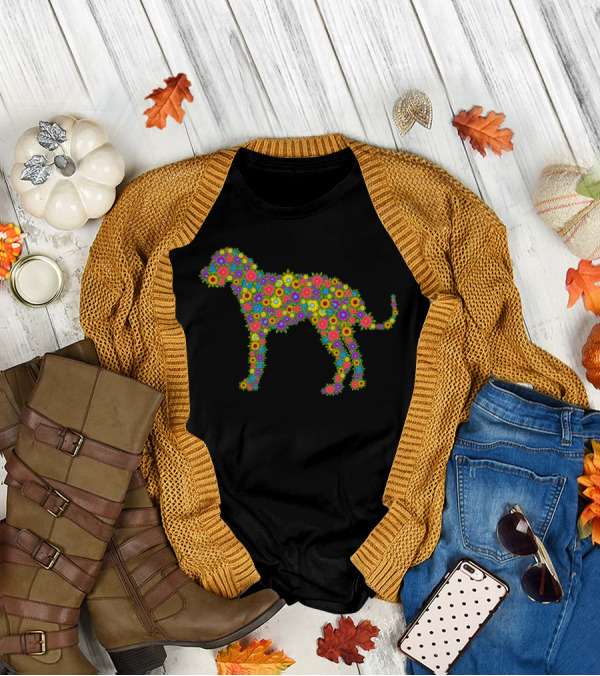 Great Dane Silhouette Composed Of Vibrant Multicolored Flowers T-Shirt