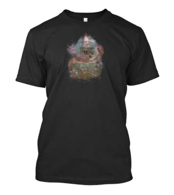 Gnome Riding Flamingo Mystical Scene Journey Through The Garden T-Shirt