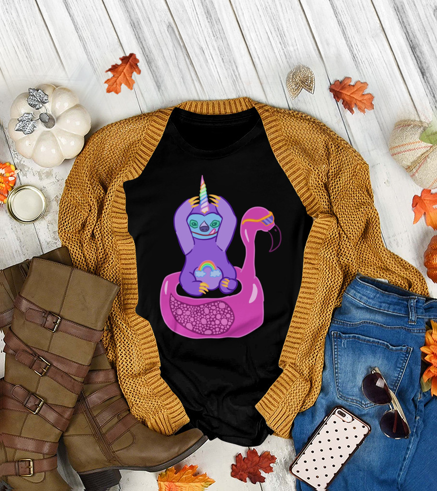 Adorable Sloth icorn Rainbow Flamingo Float T-Shirt