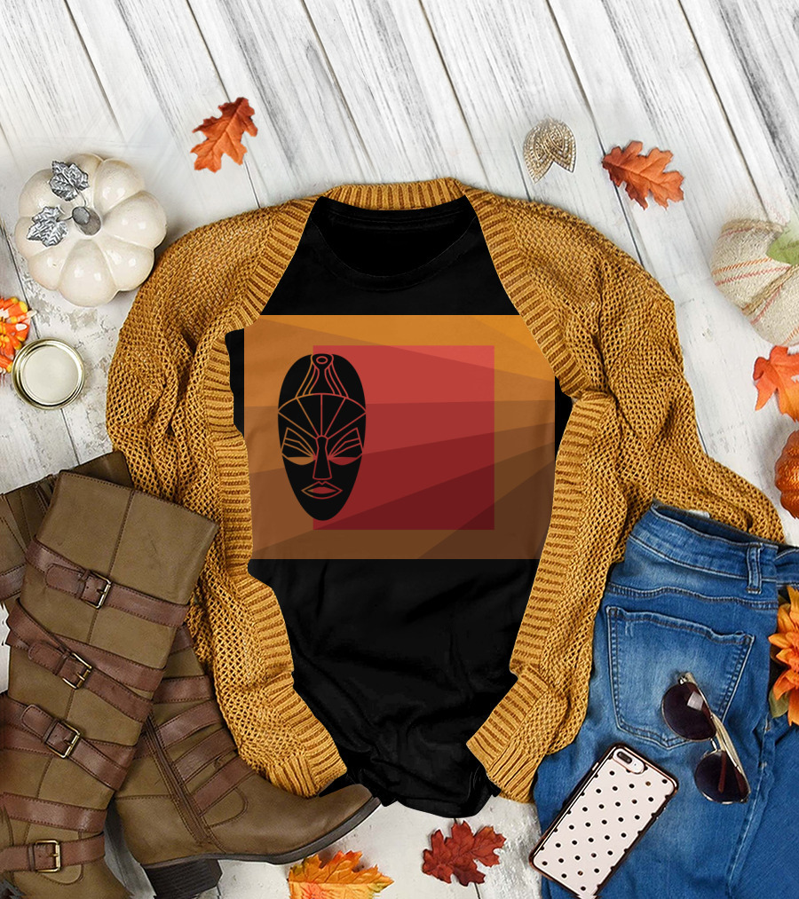 African Mask Tribal Art Geometric Patterns Black and Red T-Shirt