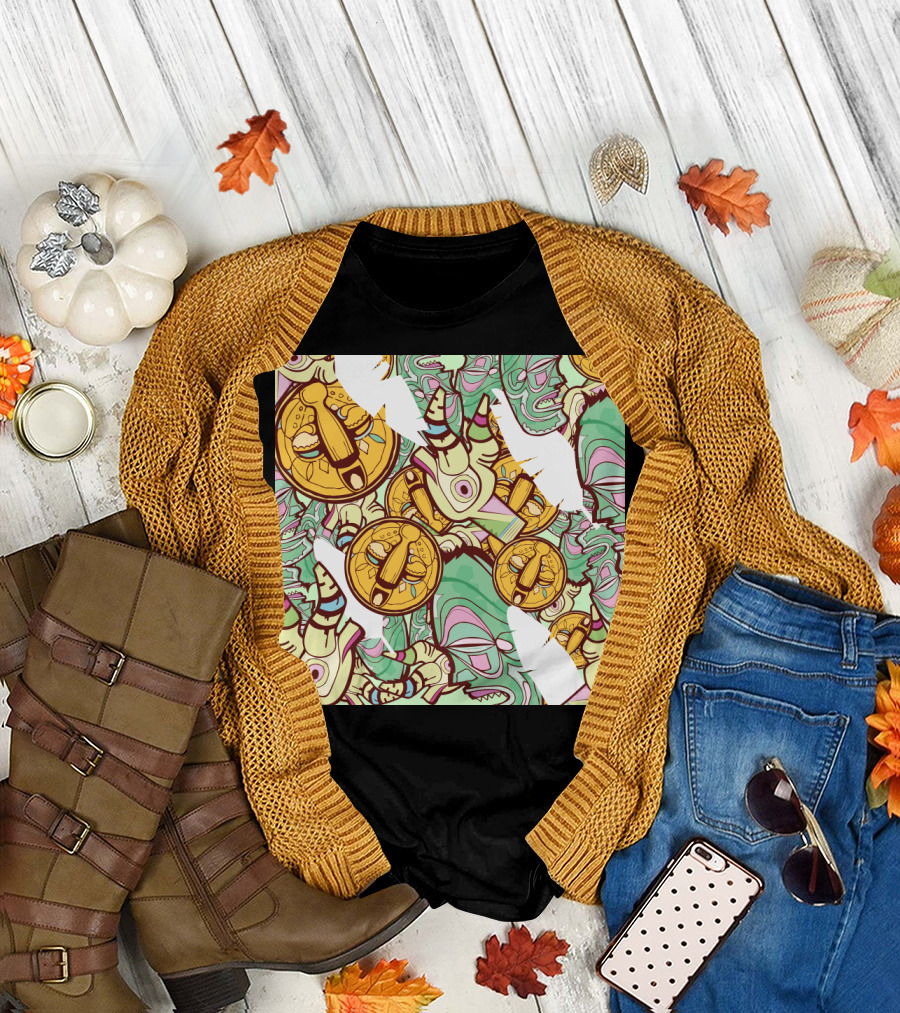 Mask Factory Day Edition Abstract Pattern Yellow Symbols and Green Twisted T-Shirt