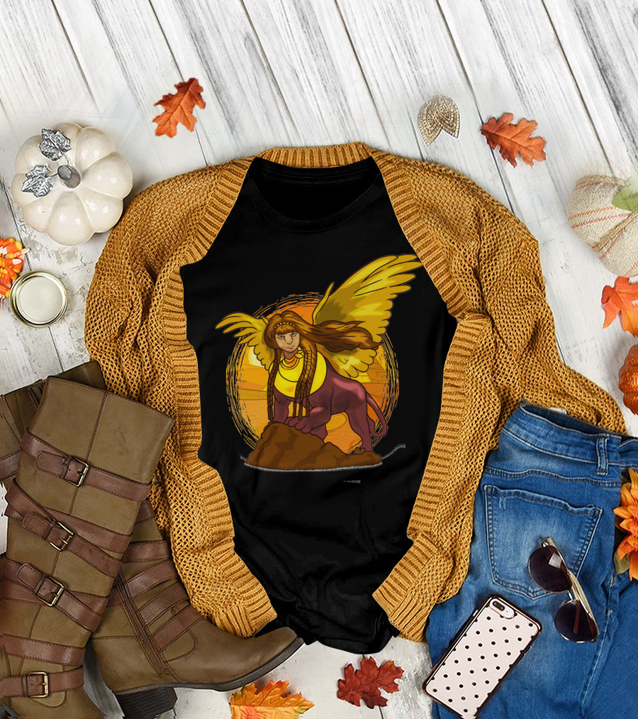 Egyptian Sphinx with Golden Wings and Sunset Background T-Shirt