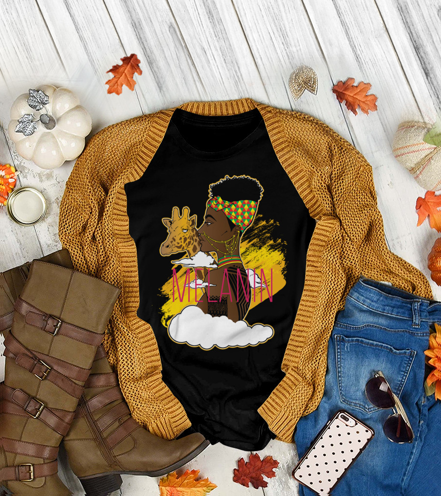 Melanin Afrocentric Art with Giraffe and Vibrant T-Shirt
