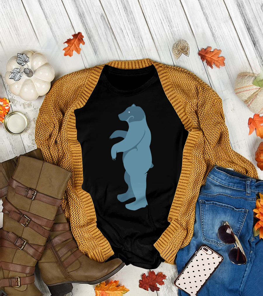 Blue Bear Standing Upright in Woodland-Themed T-Shirt