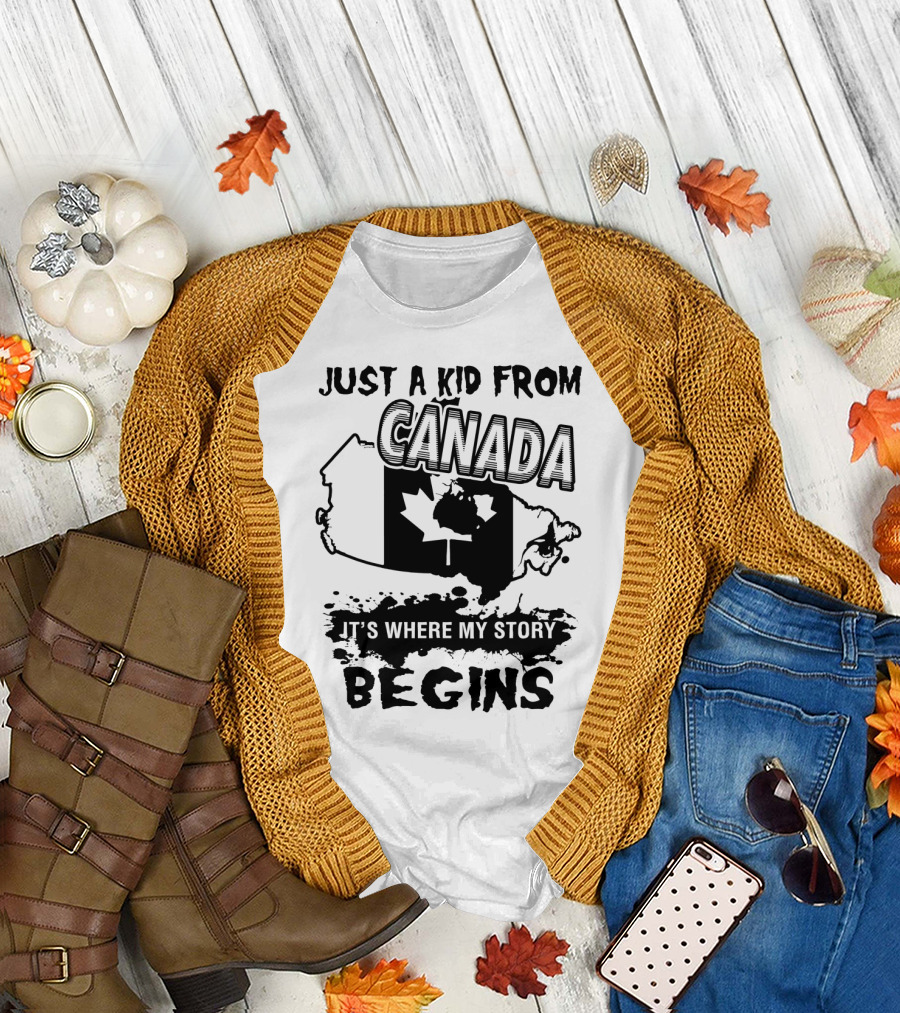Just A Kid From Canada It's Where My Story Begins Map and Maple Leaf T-Shirt