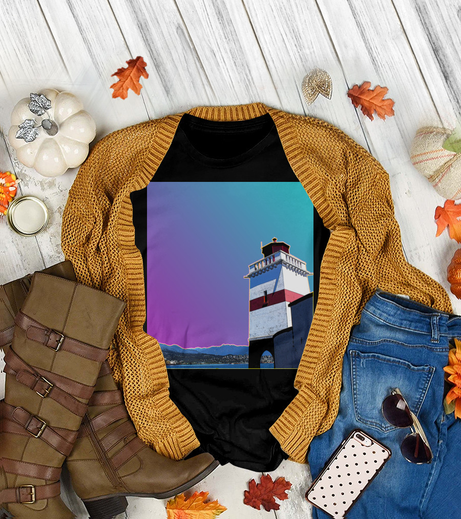 Brockton Point Lighthouse Vibrant Gradient Skyline and Sea Motif T-Shirt