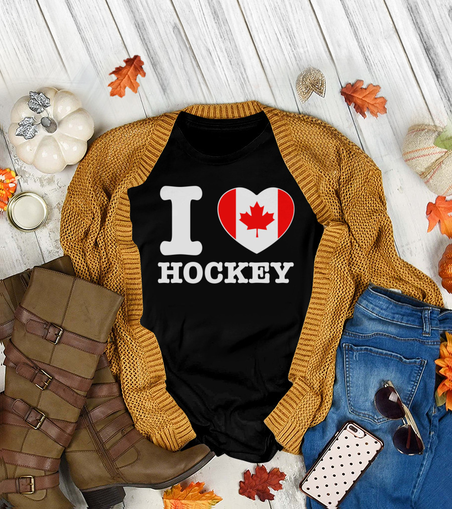 I Love Canada Flag Heart Hockey T-Shirt
